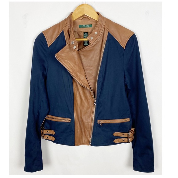 Lauren Ralph Lauren Leather Cotton Moto Jacket Size Medium - Picture 2 of 11